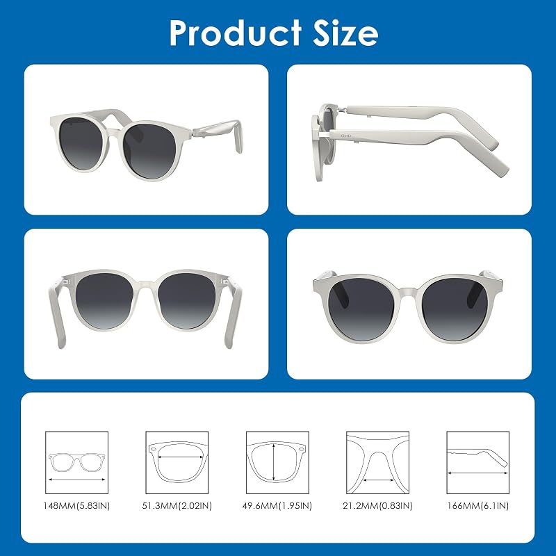 - Gafas Bluetooth, gafas de audio inteligentes de oreja abierta con altavoz y micrófono, gafas de sol polarizadas para hombres y mujeres (Marco Blanco + Lente Gris)