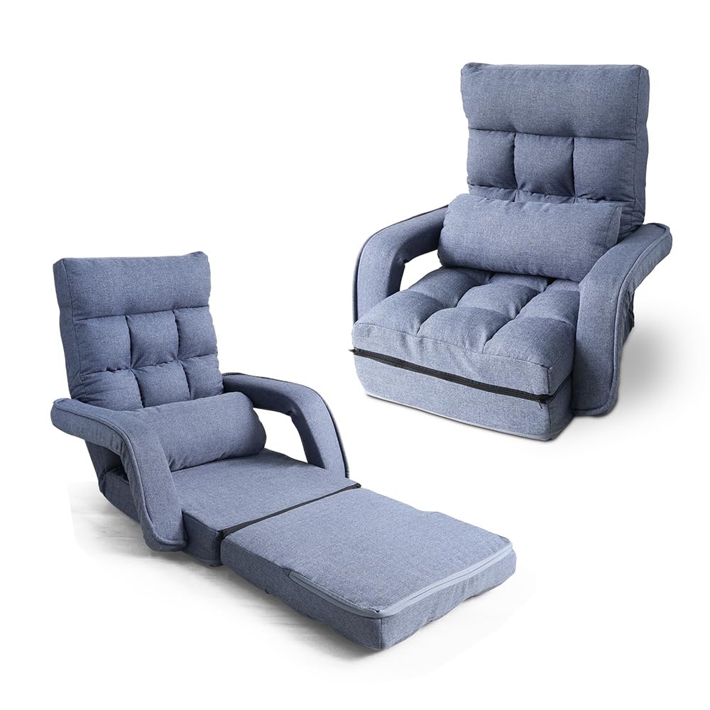 WEIMALL 座椅子 リクライニング 肘掛け付き 14段階 ハイバック ファブリック 折りたたみ コンパクト 高齢者 1人掛け 日本製ギア クッション付き 通常タイプ・インディゴグレー FGC005GY商品画像