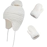 Toddler Winter Hat with Mittens Set - Baby Kids Warm Fleece Knit Beanie Hat & Thick Gloves Skiing Cap for Girls(White, L/4-7 Years)