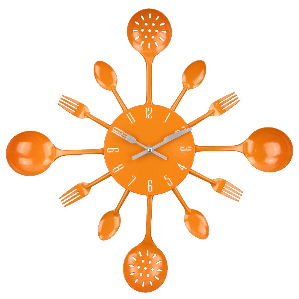 Timelike Wall Clock, 16" Metal Kitchen Cutlery Utensil Spoon Fork Wall Clock Creative Modern Home Decor Antique Style Wall Watch (Orange)