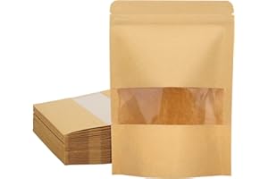 Blisstime 50 Pack Kraft Paper Stand Up Pouch Bags, Resealable Bag with Transparent Window and Tear Notch for Multipurpose Storage (4 X 6 Inches)