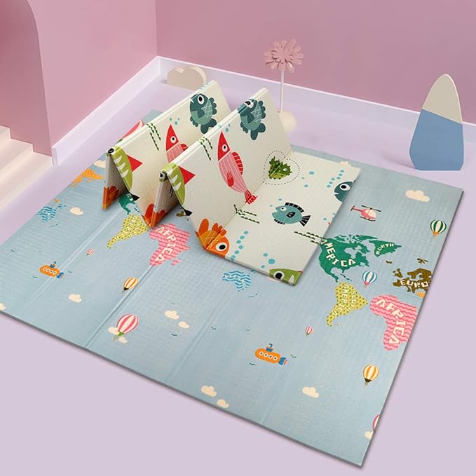 OUNUO Alfombra Niños (2m * 1.8m, 1cm de Espesor), Alfombra de Juegos de XPE, Colchoneta de Juegos Plegable, Alfombra de Doble Cara, Impermeable, No tóxico