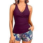 Women Tankini Swimsuits with Shorts - Two Piece Tummy Control Bathing Suits Top with Two Pockets Bottom Swimwear