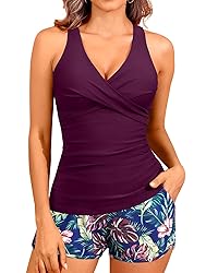 Women Purple Leaves Tankini Swimsuits with Shorts