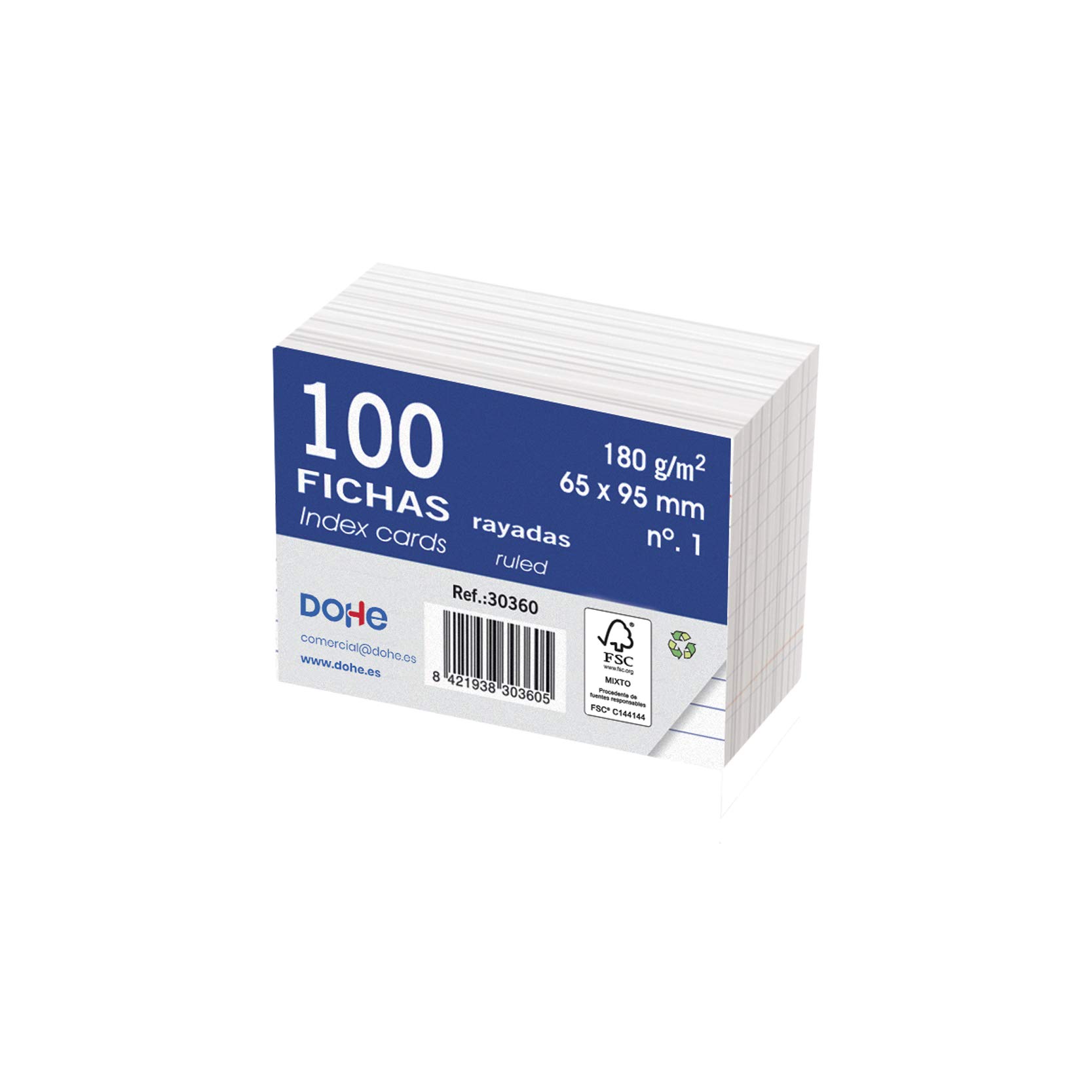 Dohe - Pack of 100 Sheets White Card Stock Lined, 180 gr, No. 1, 65 x 95 mm - FSC Mix AEN-COC-000243