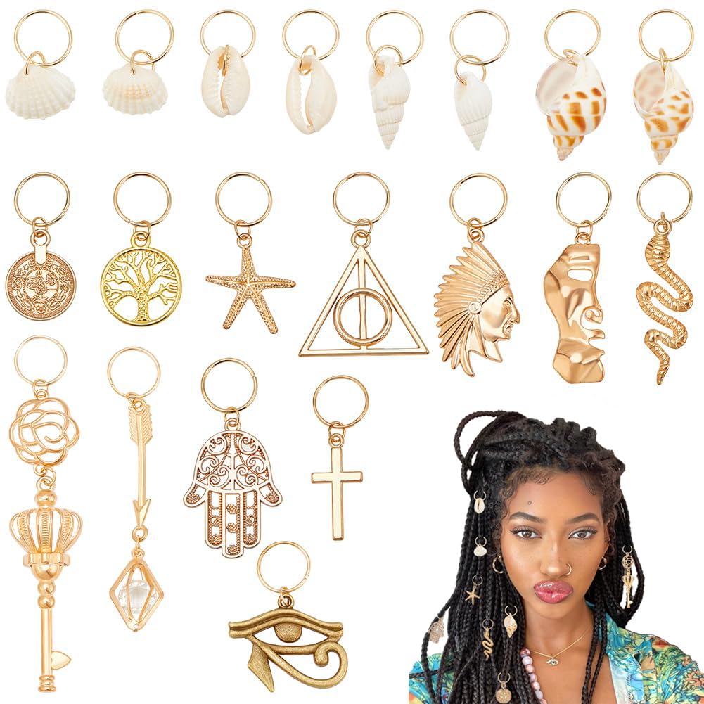PLIGREAT 24 Pcs Braids Hair Jewelry Set Seashell Conch Dreadlock Ring Charms DIY Locs Hair Accessories Vintage African Pendant Charms for Women Men Braids Ponytail Decor