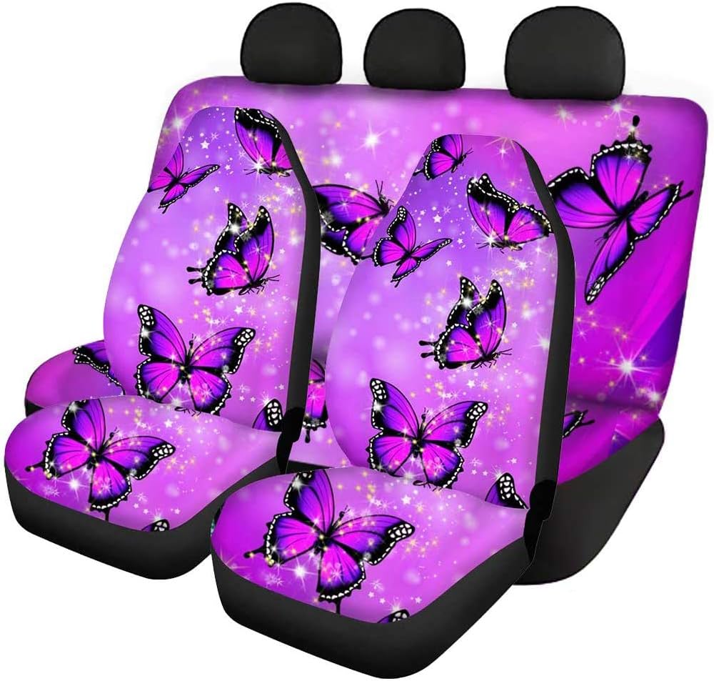 Showudesigns Automotive Car Seat Covers Full Set Butterfly Purple Front Seat Cover and Back Seats Protectors Covers Fit Most Car Van SUV-Stretchy Soft Comfort