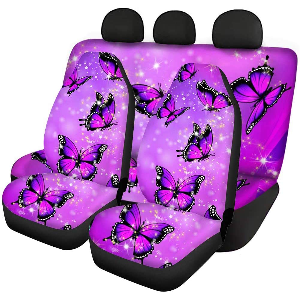 Showudesigns Automotive Car Seat Covers Full Set Butterfly Purple Front Seat Cover and Back Seats Protectors Covers Fit Most Car Van SUV-Stretchy Soft Comfort
