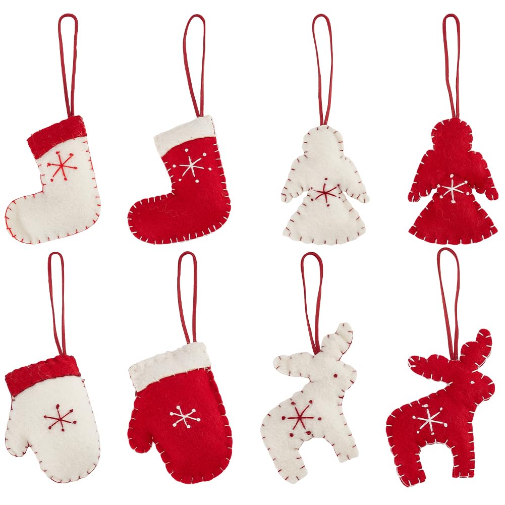 CRASPIRE 8pcs Felted Christmas Mittens Hand Decor with Cotton Rope Gloves Angel Sock Reindeer Xmas Hanging Ornament Felt Crafts for Tree Decorations Party Accessory