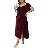 SCOMCHIC Women Plus Size Dresses Short Sleeve Sweetheart Neckline Wedding Guest Cocktail Smocked A Line Slit Maxi Dress