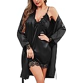 ESKTJH Womens Silk Lingerie Robe Nightgown 2 Piece Pajamas Set Sexy Lace V Neck Cami Satin Sleepwear