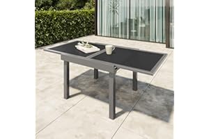 VredHom Patio Glass Top Dining Table, Outdoor Aluminum Extendable Dining Table Backyard Bistro Rectangle Table Outdoor Furniture Garden Adjustable Table (Dark Grey)