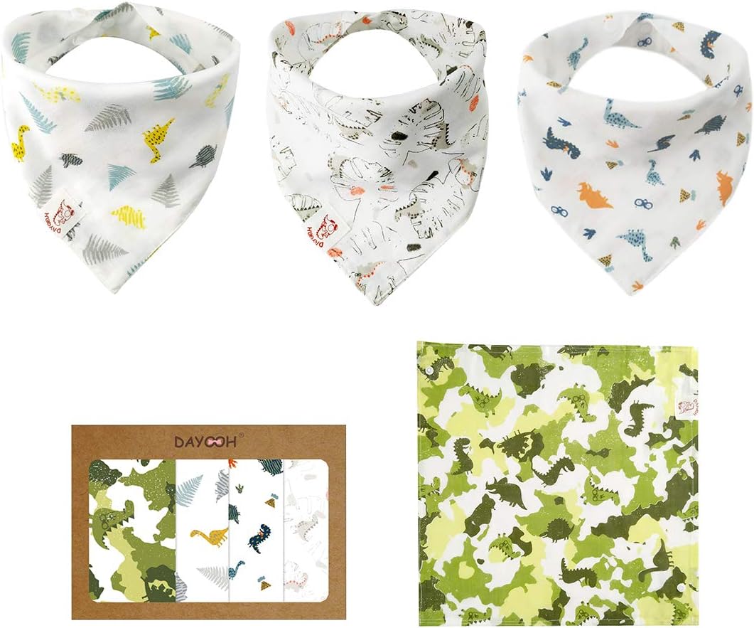 Dinosaur Baby Bibs Premium Muslin Bandana Bibs for Drooling Baby, Absorbent Breathable Bandana for Summer, Baby Shower Gift 4 Pack- 1 Square Bandana and 3 Drool Bibs, Camouflage Dinosaur Green