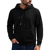 Mens Hoodies Pullover Midweight Fashion Long Sleeve Casual Hooded Sweatshirt Solid Color Fleece-Lined Hoodie