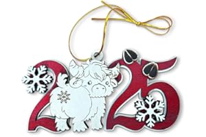 DONGNAIWIN Highland Cow 2025 Christmas Ornament – Wooden Highland Cattle Holiday Tree Decoration – Rustic Farm Animal Ornament, Cow Lover Gift, Christmas Keepsake 2025