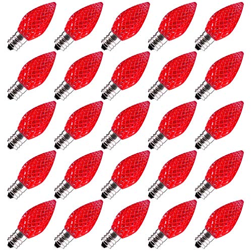 Brightown 25 Pack C7 LED Replacement Christmas Light Bulb, C7 Shatterproof LED Bulbs for Christmas String Lights, E12 Candelabra Base, Commercial Grade Dimmable Holiday Bulbs, Red