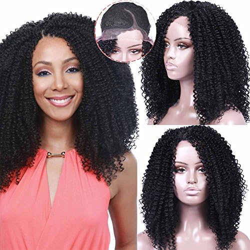 Armmu Lace Front Wigs Afro Kinky Curly Synthetic Wigs for Women - Full Hair Natural Black, Shoulder Length, Deep Right L Part, 20"