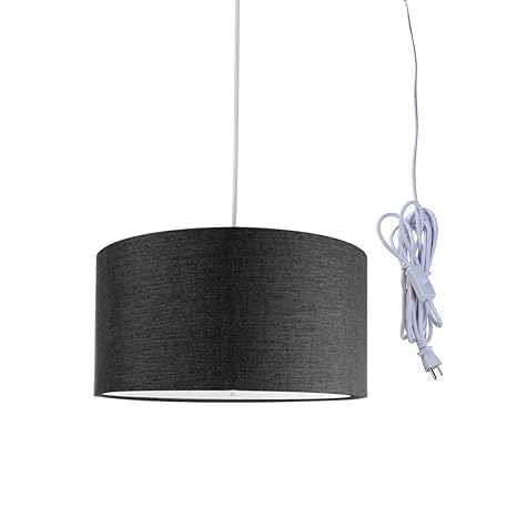 2 Light Plug In Pendant Light By Home Concept Hanging Swag Lamp Shallow Drum Granite Grey With Diffuser Perfect For Apartments Dorms No Wiring