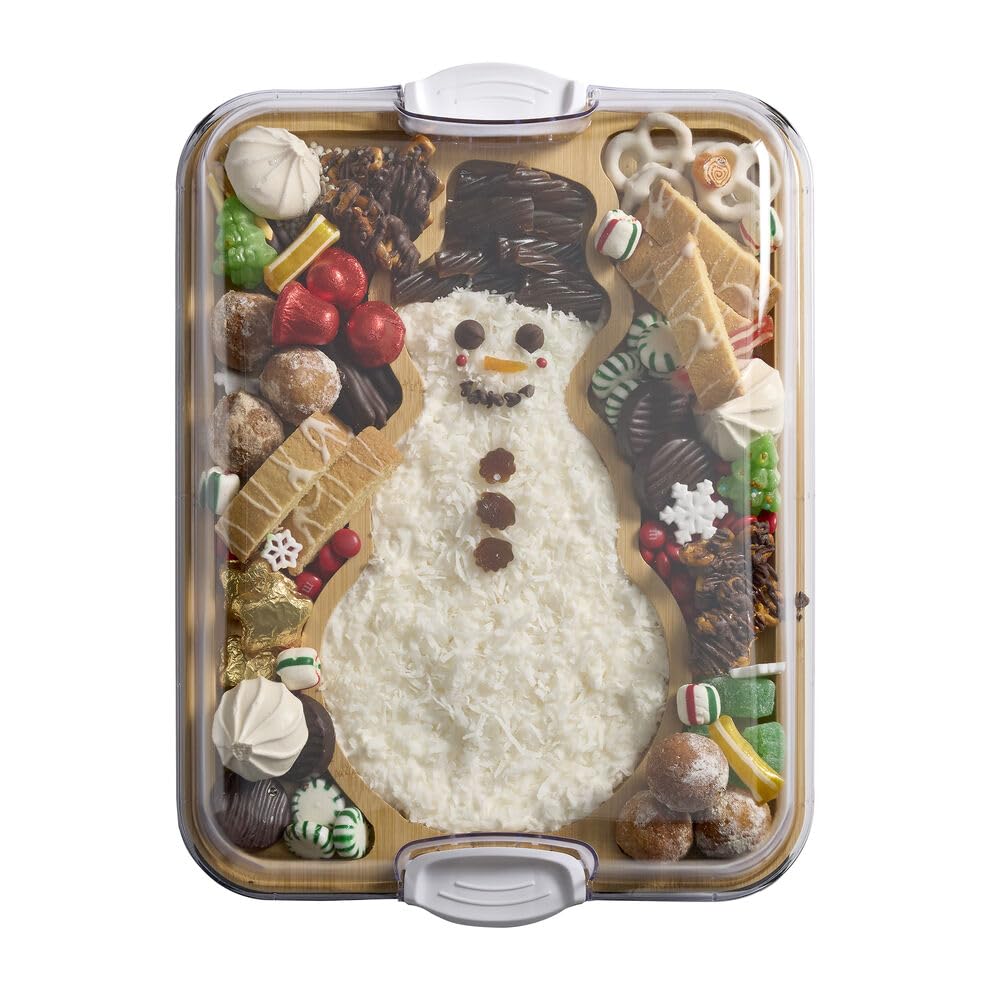 Farberware Build-A-Board Snowman Shaped Bamboo Serving Board with Clear Lid, Make and Take Holiday Charcuterie and Dessert Tray Image