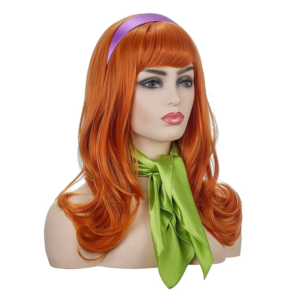Long Wavy Orange Wig | FVCENT Full Bangs Ginger Wigs Halloween Cosplay Costume Party Synthetic Wig With Purple Head bang and Green Scarf (Daphne)