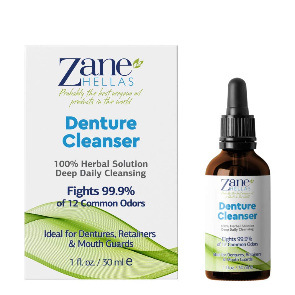 Zane Hellas Denture Cleaner. Oregano Oil Power. Ideal for Dentures, Retainers, Braces, Mouth Guards. Helps Remove Plaque, Tartar, Stains and Bad Odor. 100% Herbal Solution. 1 fl.oz.-30ml.
