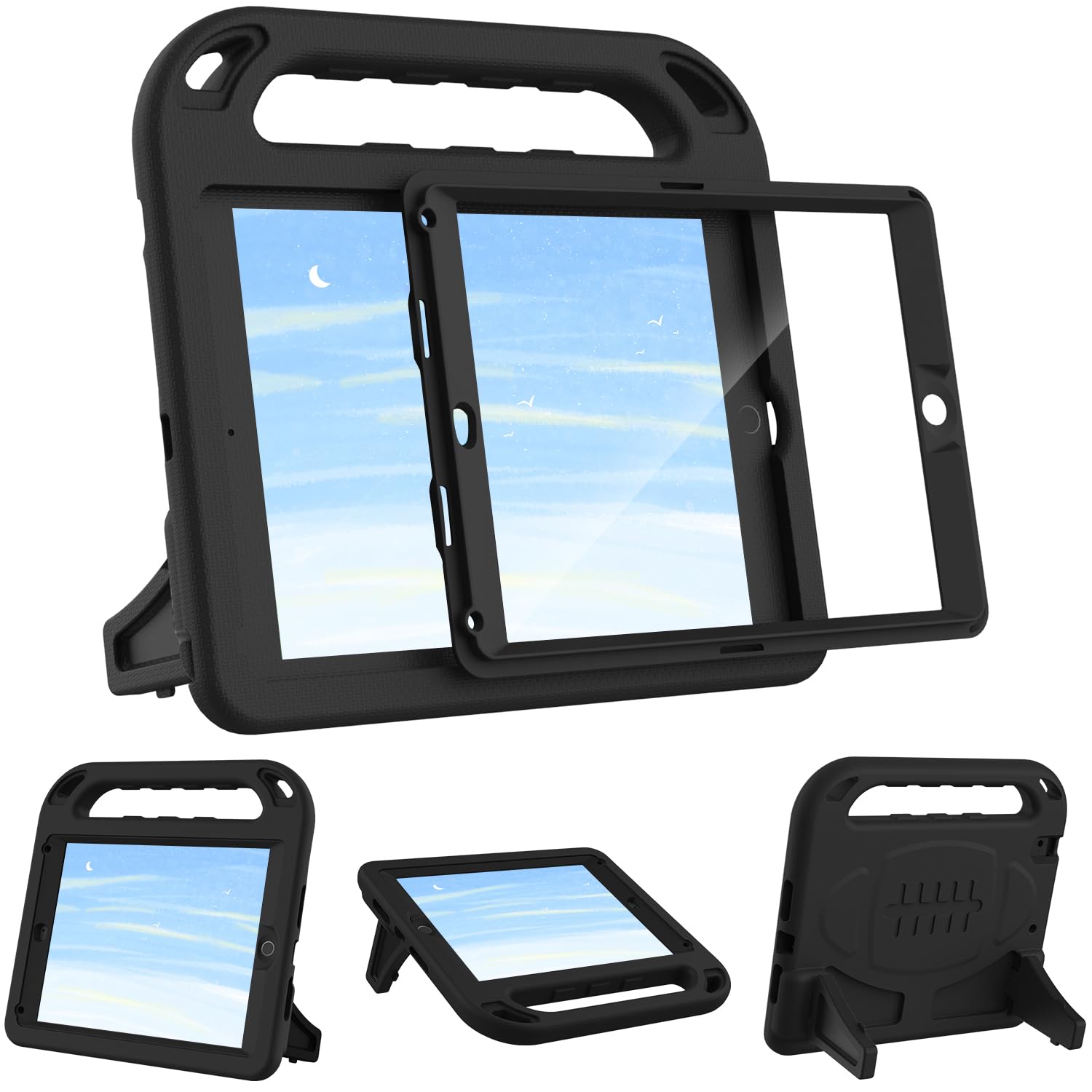SINSO Kids Case for iPad 9.7 inch 6th Generation 2018/5th Generation 2017/iPad Air 2, Built in Screen Protector, Lightweight Shockproof ipad Cover with Handle/Stand, Black