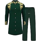 ZSJR Mens Long African 2 Piece Set Nigerian Dashiki Metallic Traditional Suit Gold Stamp Printed Shirt and Pants Outfit