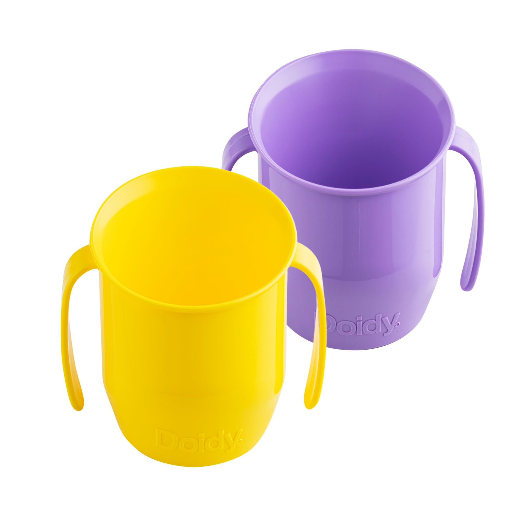 Doidy Cup, Open Cup for Training Baby 6 Months-3 Years, 200ml, Slanted Weaning Cup with Handles for Learning to Drink, BPA Free, 2 Pack (Lilac/Yellow)