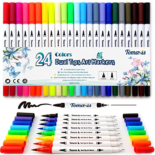 Bullet Journal 24pcs Art Marker, 0.4-2mm Colored Pens Dual Tip Brush Marker Pens Fineliner Felt Tip Water Color Drawing Paintbrush Highlighters