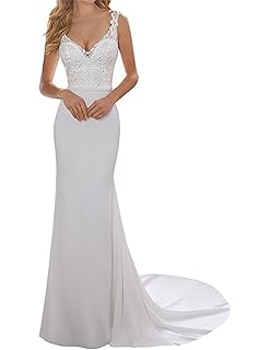 ANJURUISI Vestido de Novia de Playa de Sat¨¦n sin Espalda con Escote en V Sexy para Mujer