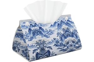 Decorative Tissue Box Cover Blue and White Porcelain Tissue Box Holder Aesthetic Leather Storage Organizer Box for Bathroom V