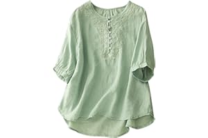 JOAU Women's Embroidered Blouse Cotton Linen Puff Short Sleeve Crew Neck Peasant Boho Top Casual Loose Button-Down T Shirts
