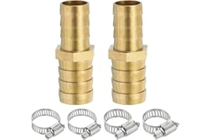 PATIKIL 5/8" to 3/4" Brass Hose Barb Reducer, 2Pcs Barbed Hose Fittings with 4 Stainless Steel Clamps Reducing Splicer Mender