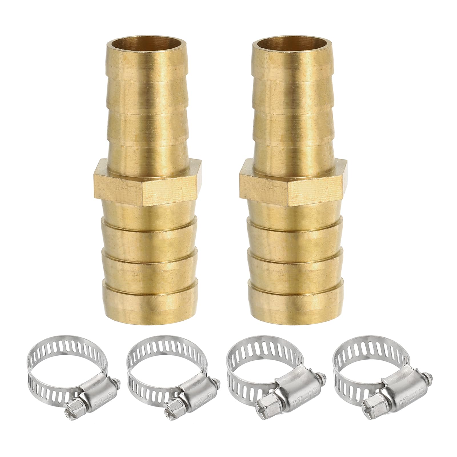 PATIKIL 5/8" to 3/4" Brass Hose Barb Reducer, 2Pcs Barbed Hose Fittings with 4 Stainless Steel Clamps Reducing Splicer Mender Union Adapter for Air Water Fuel