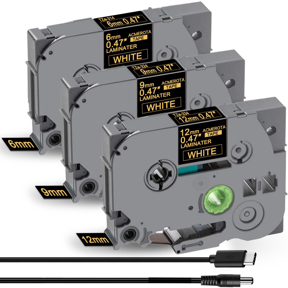 Acmerota TZe-334 TZe-324 TZe-314 12/9/6mm*8m Replace for Brother TZe-334 Laminated Gold on Black for Brother P-Touch PT-H110 H107B H100LB D400 H200 1000 E100 D600 PT-D210 PT-H100 PTD400AD