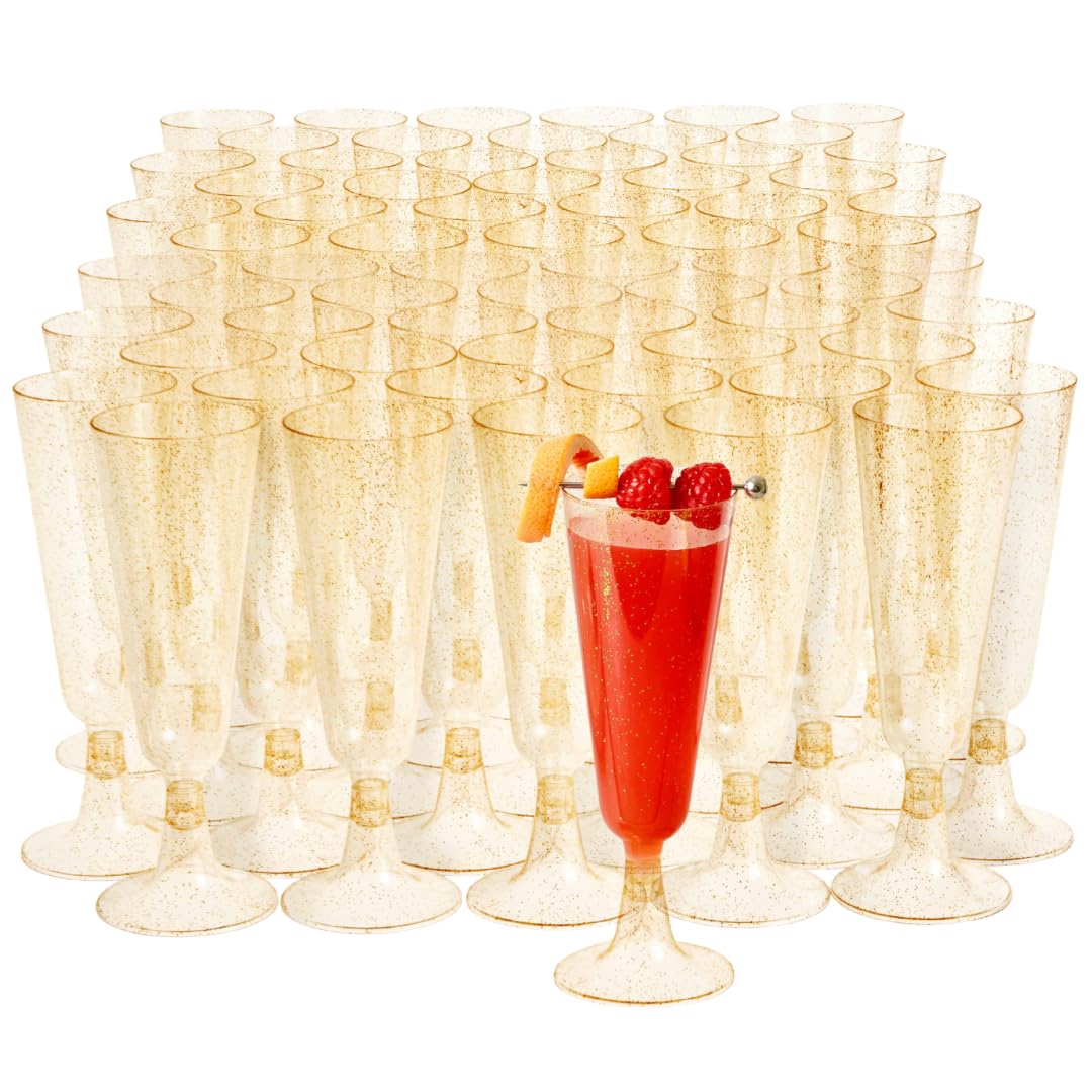 MATANA 100 Premium Elegant Plastic Champagne Flutes with Gold Glitter, 150ml - Reusable Toasting Glasses, Cocktail Prosecco Glasses for Weddings, Birthdays, Christmas, BBQ, Parties