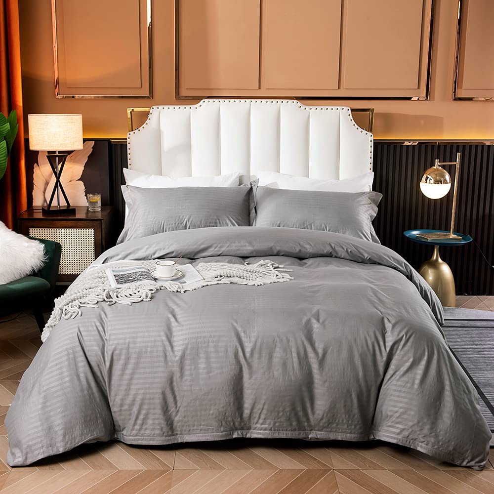 myAIMS Duvet Cover Satin EMBOSS Strip Design【Grey】 Quilt Comforter Cover 600TC Premium Quality Microfiber Wrinkle & Stain Resistant Cover Bedding Set Ultra Soft Like Silk Luxury (Double 200x200cm)