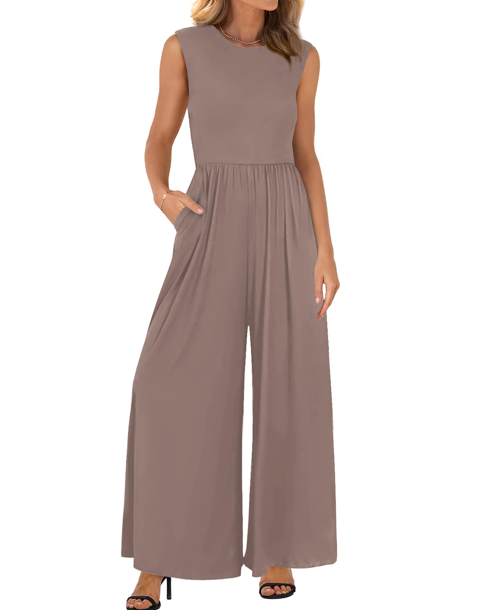 Photo 1 of (MEDIUM-LARGE) (BAGGED)  BTFBM Womens Casual Jumpsuits Dressy 2025 Summer One Piece Outfits Crew Neck Sleeveless Knit Wide Leg Pants Romper Beach(Light Coffee, Medium)