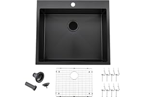 VALISY 25 x 22 Inch Black Kitchen Sink, Topmount Drop In Stainless Steel Single Bowl Kitchen Sink, 16 Gauge Extra-Thick Modern Bar Prep RV Laundry Sinks with Dish Grid and Basket Strainer