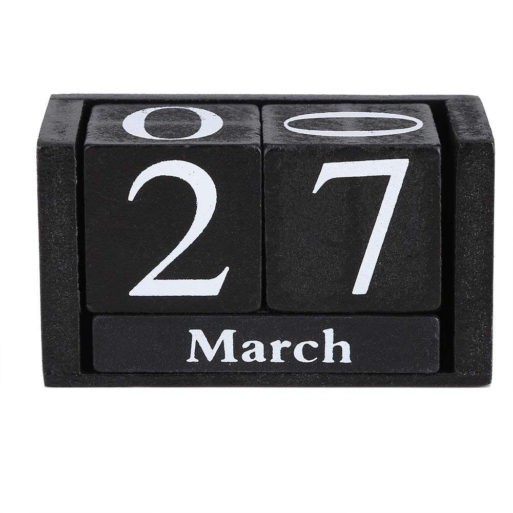 Vintage Wooden Calendar Cubes Calendar Changeable Month Date Black Blue for Home Office Decoration(Black)