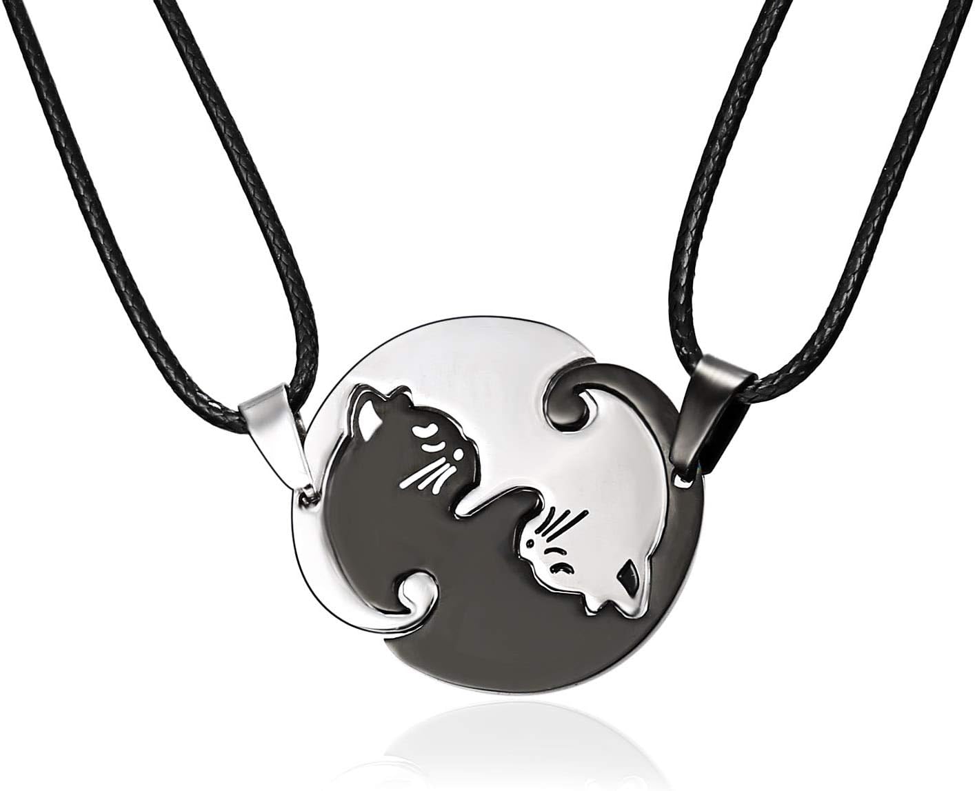 Pair Cat Couple Necklace Stainless Steel Ying Yang Friendship Cute Pet Cat Pendant for Lover Friend Family