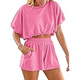 Jenisso Women Summer 2 Pieces Shorts Sets Bubble Crop Tops Casual Loose Outfits Comfy Lounge Sets