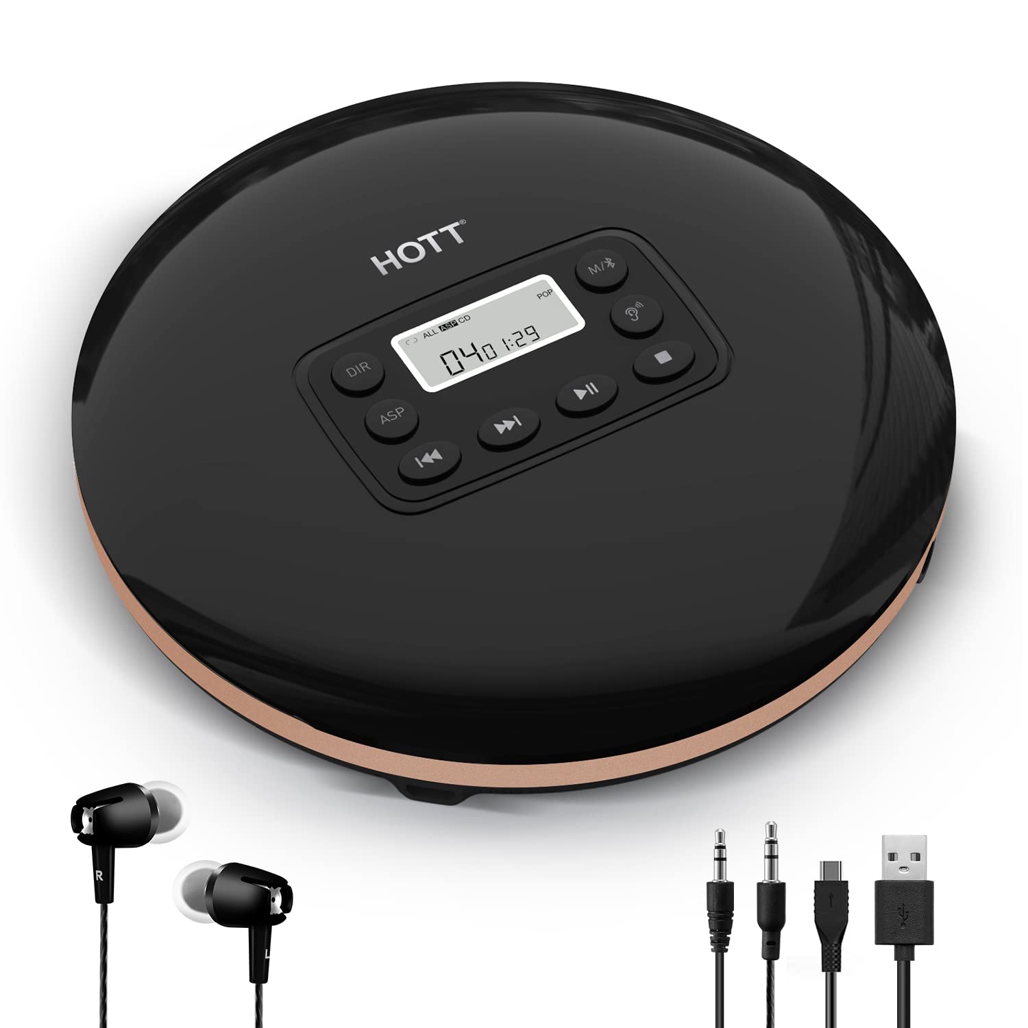 HOTT CD711T Bluetooth Rechargeable Portable CD Player for Home Travel and Car with Stereo Headphones and, Anti Shock Protection-Black