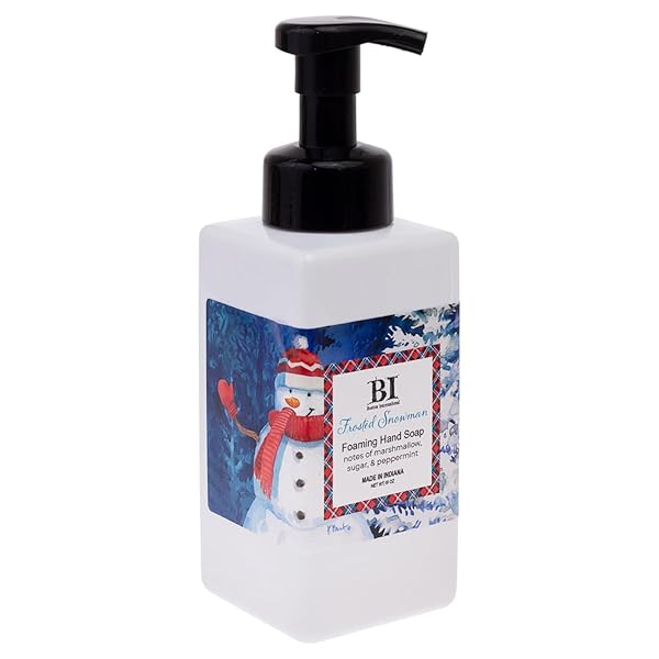BOSTON INTERNATIONAL SCENTED FOAMING HAND SOAPS MADE IN THE USA CHRISTMAS HOLIDAY FOAM SOAP AND PUMP DISPENSER, 16 OUNCES, FROSTED SNOWMAN (MARSHMALLOW, SUGAR, PEPPERMINT)
