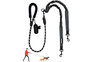 LEOSASA Double Dogs Leash - Removable Main Lead Rope with Splitter, No Tangle 2 Dog Coupler, Reflective No Pull Bungee, 3 Handle, D-Ring, Extra Long for Walk Train Medium Large Two Pet (Black)
