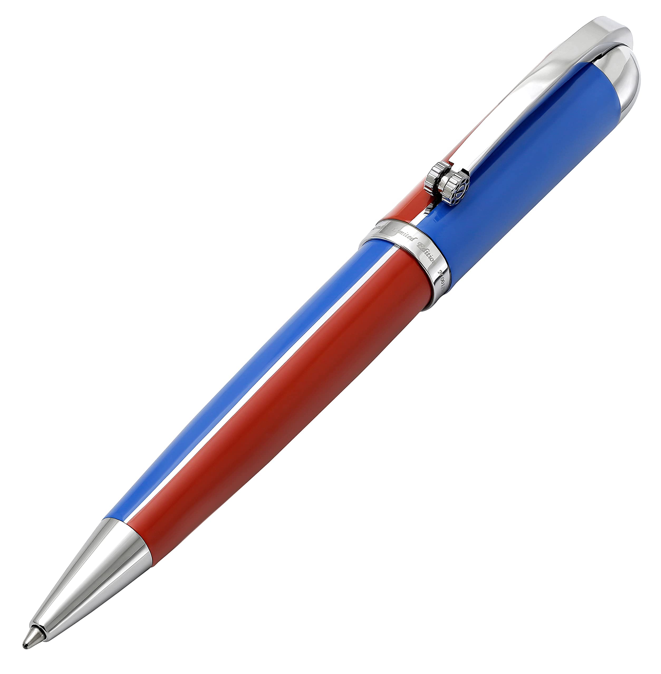 Xezo Visionary Medium Brass and Aluminum Ballpoint Pen, Hand Lacquered in Red and Blue Color. Numbered in Limited Edition of 500. Classic Art Deco Color Disposition, Retrofuturistic Body Style