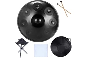 TREELF Handpan Drums Sets D Minor 22 inches Steel Hand Drum with Soft Hand Pan Bag, 2 handpan mallet,Handpan Stand (9 Notes, Black)