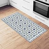 Camoone Non Slip Kitchen Mat + 4 Free Coasters - (Greek Garden) Blue & Off-White Decorative Vinyl Kitchen Floor Mat - Hypoallergenic, Insulated, Non-Fading, Easy to Clean and Non-Toxic