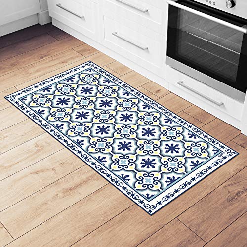 Camoone Non Slip Kitchen Mat + 4 Free Coasters - (Greek Garden) Blue & White Decorative Vinyl Kitchen Floor Mat - Hypoallergenic, Insulated, Non-Fading, Easy to Clean and Non-Toxic