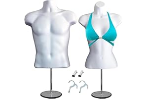 White Male + Female Mannequin Torso Set, Dress Form Hollow Back Body T-Shirt Display, w/ Clothes Clips, Metal Stand for Counter Top by DisplayTown for Craft Shows, Photos or Design, S-M Sizes.